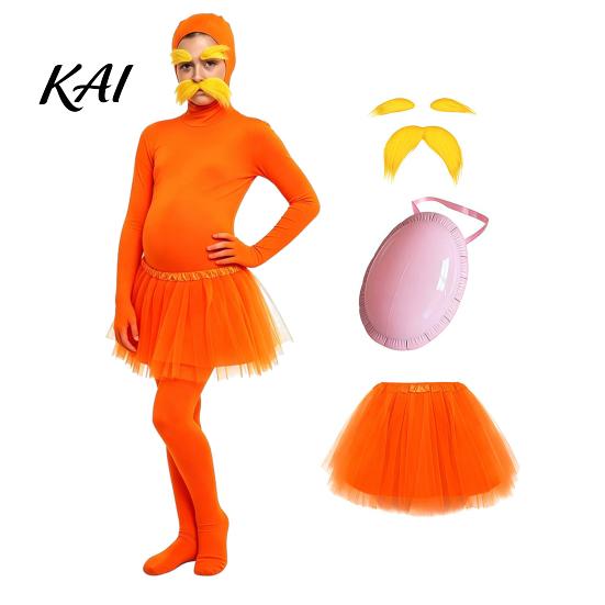 Adults Spandex Unitard Orange Full Bodysuit, with Tulle Skirt, Fake Belly, Yellow Mustache & Eyebrows, Solid Color Costume Open Face Zentai