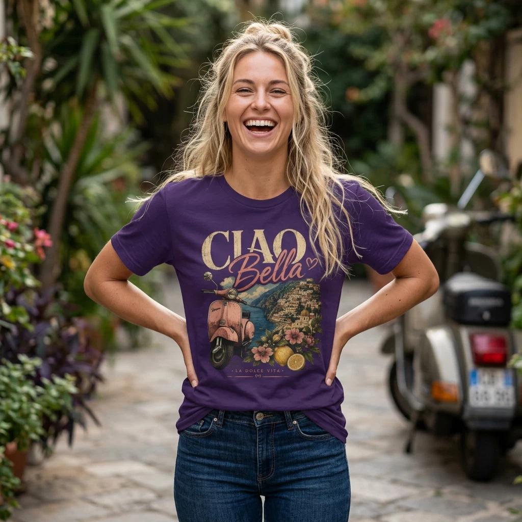 Ciao Bella scooter coastal scene T-Shirt Hello Goodby Beautiful Italian Quote L