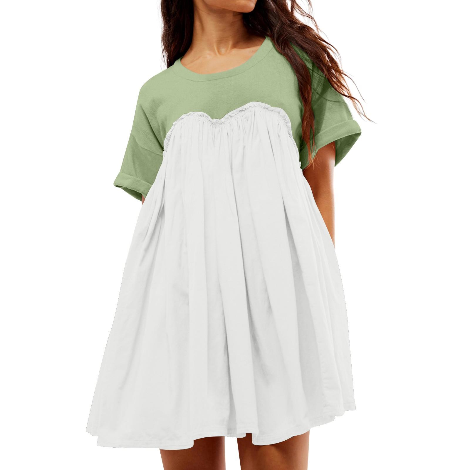 

Женское модное плиссированное лоскутное платье с круглым вырезом и короткими рукавами с карманами XL белый