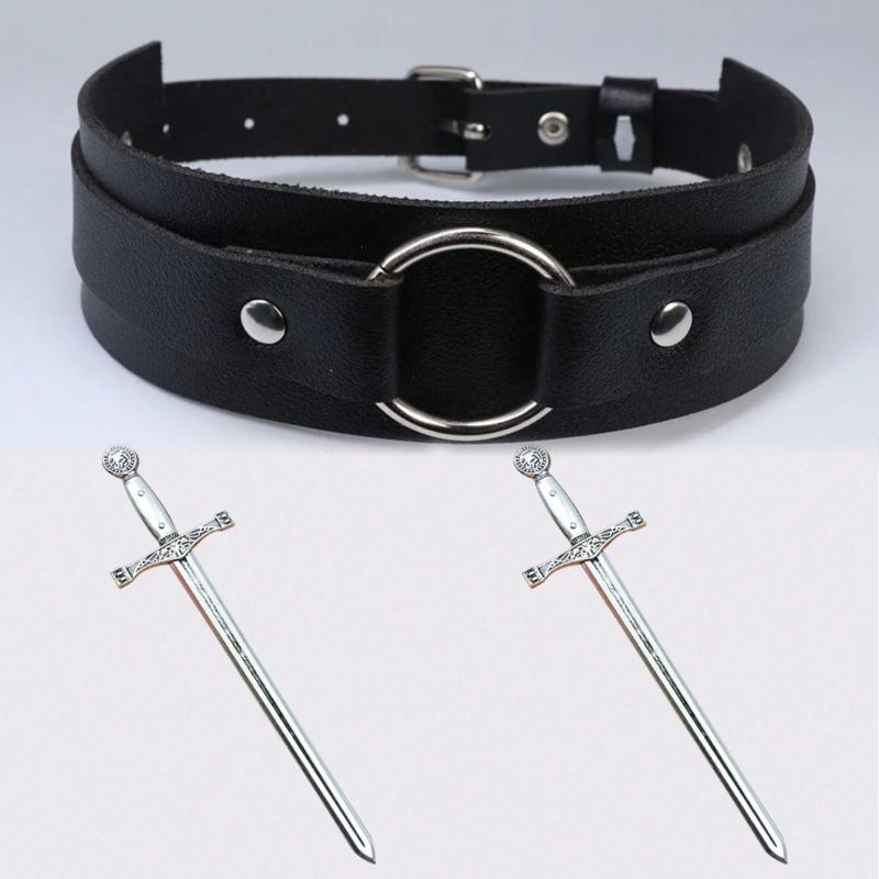 3Pcs Punk Black Leather Arm Bands With Metal Double Sword Upper Arm Bracelet Gothic Halloween Cosplay Accessories