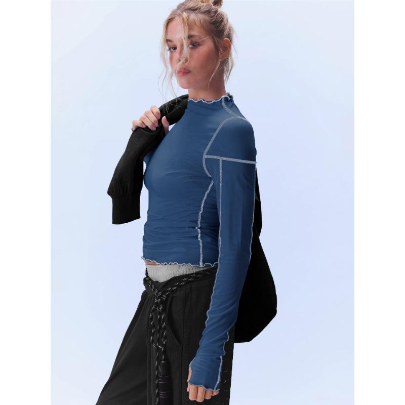 Women S Color Block Long Sleeve T Shirt Ruffled Mock Neck Slim Fit Top