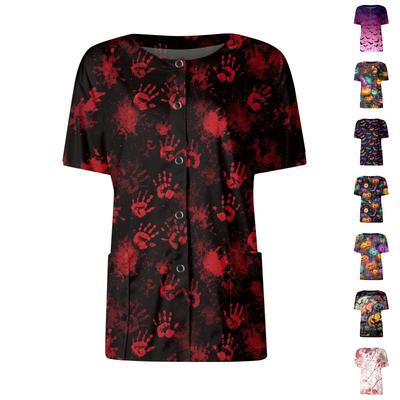 Women's Short Sleeved Patterned Pockets, Work Print Stand Up Collar, Single Breasted Protective Clothing, Cardigan Jacket, Top