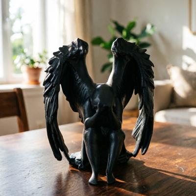 Covering Face Angel Figurine Matte Black 3D Printed Sculpture Sitting Melancholic Angel with Detailed Wings for Home Office Decor