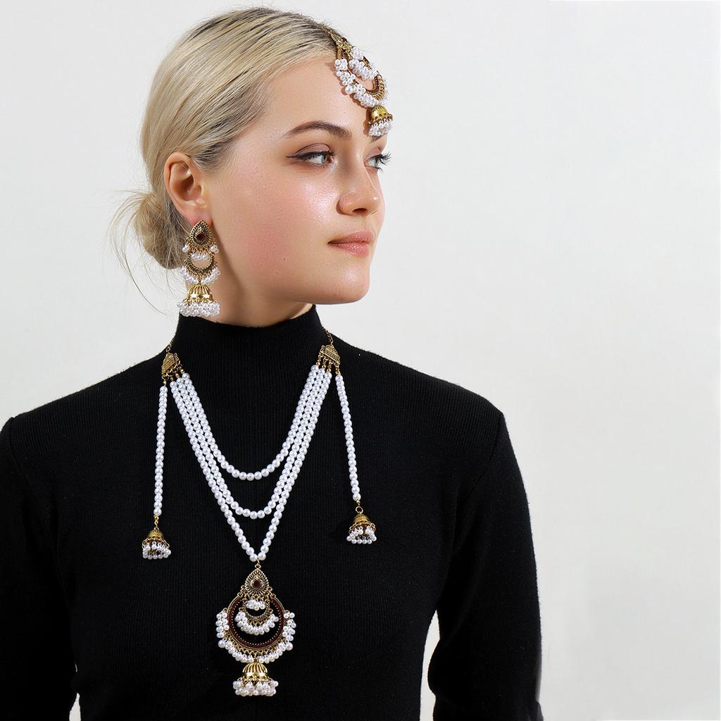Multi-Layer Pearl Pendant Jewelry Set, Retro Heavy Industry Bohemian Fashion Earrings