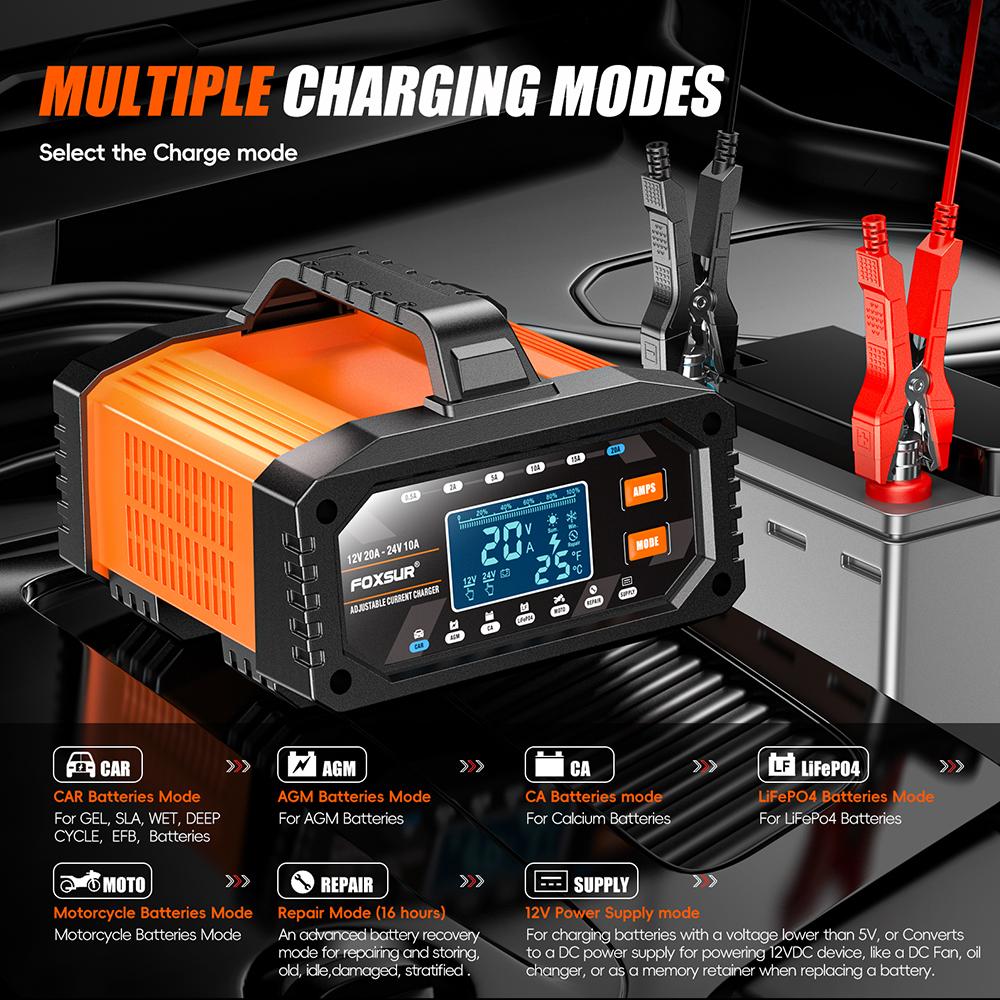 For AGM GEL SLA Lead-Acid LiFePO4 7-stage Chargers Smart Battey Charger 12V 24V 20A 10A Large Screen Digital Display Car Motorcycle Battery Charger