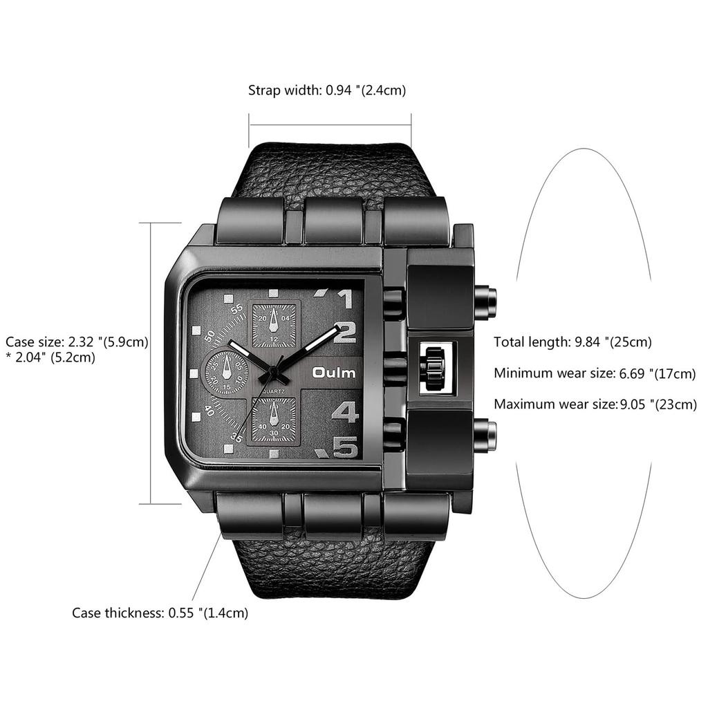 Square Stylish Sports Watch Leather Belt Waterproof Casual Business Black Gift for Boyfriend Fashion Accessory Men's