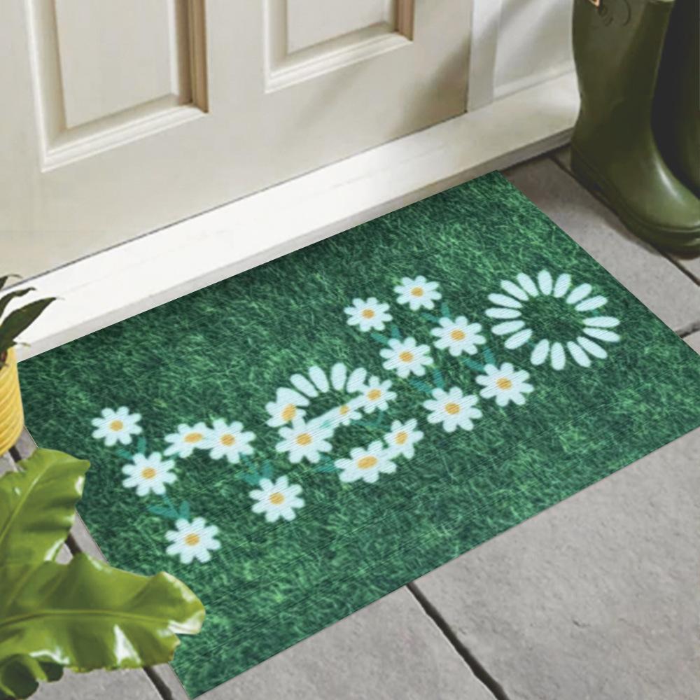 Welcome Floral Doormat Green Grass Pattern Entrance Mat Non-Slip Washable Outdoor Rug for Home Front Door Garden Decor