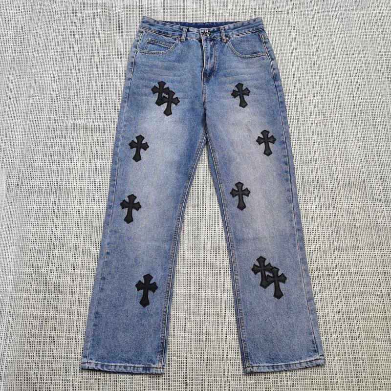 Unisex Y2K Harajuku Cross Embroidered Straight Jeans Men Women Summer Casual Denim Pants Streetwear