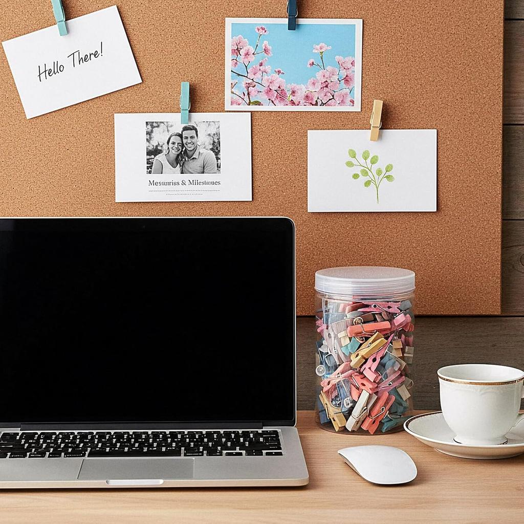 200 Pcs Push Pin Clips Bulk Wooden Clips with Tacks for Cork Board, Bulletin Board, Colorful Wood Clip with Push P for Classroom School Home Office