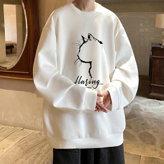 Pánská oversized mikina Hip-hop styl kočka Profil Potisk O Výstřih Volný Jednobarevný Silný plyš Pulovr střední délky Denní Sport Streetwear Top