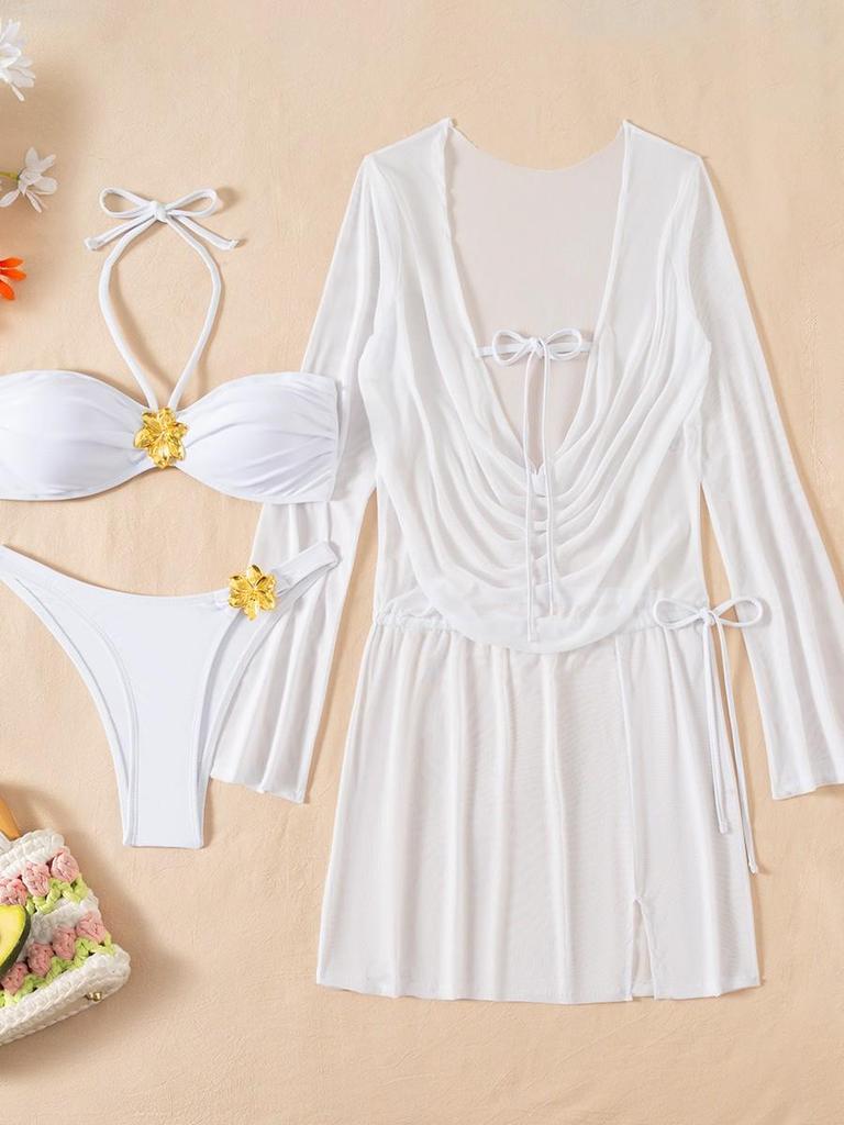 2026 Trendy European & American Women's Sexy Halter Bikini Swimwear Three-Piece Set