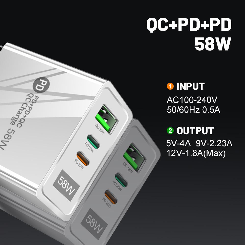 58W Dual Fast Charger with 2PD+QC3.0, Compatible with EU/US/UK Plugs.
