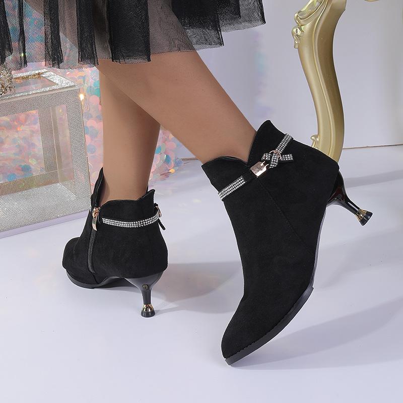 New thin-heeled mid-heeled pointed fleece boots and bare boots in autumn and winter, short tube, solid color high heel.