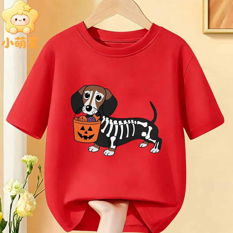 Halloween Skelett Dackel Kürbisdruck Kinder T-Shirt Reine Baumwolle Jungen Mädchen Kurzarm Rundhals Lässig Grafik Kinder Oberteile