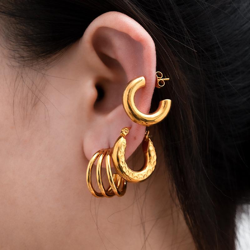 European and American Gold Combination Set Stainless Steel Earrings, Simple Trend Women's Geometric Retro Titanium Steel Earrings
