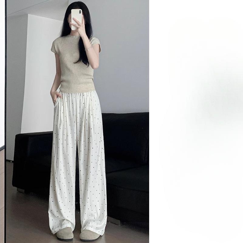 

Брюки-палаццо в горошек для женщин на лето, тонкие, новые, прямого кроя, для невысоких, ленивые, для прогулок, защита от солнца, ледяной шелк, горные брюки 2XL белый