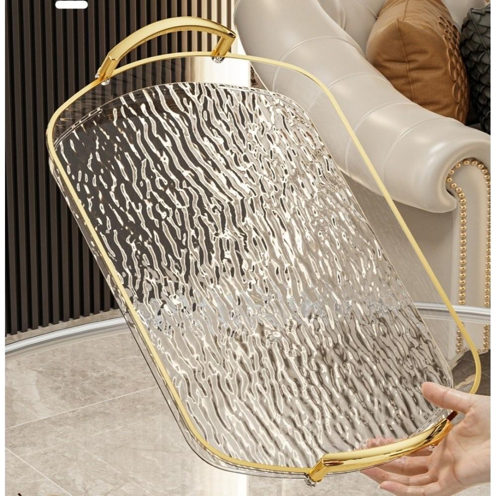 Transparent Clear Luxury Tray Gold Rim Rectangular Decorative Tray Large Capacity Double Handles Storage Tray Restaurant Dining