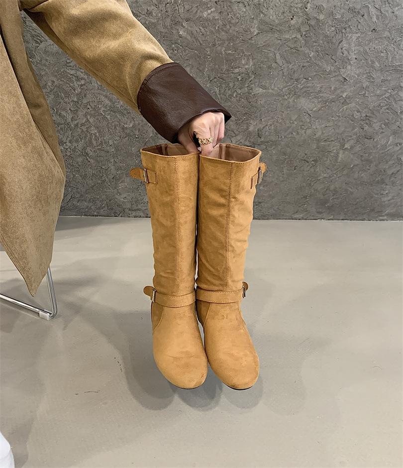 2025 new Dongdaemun, inner height increase 5cm long boots Korean fashion buckle design stacked medium boots women