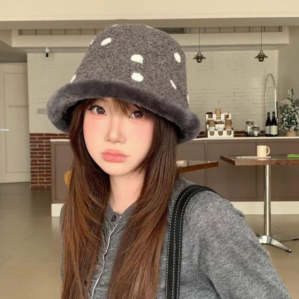 One Size Plush Winter Hat Thick Warm Polka Dot Bucket Hat Faux Lamb Wool Bucket Hat Outdoor Wear