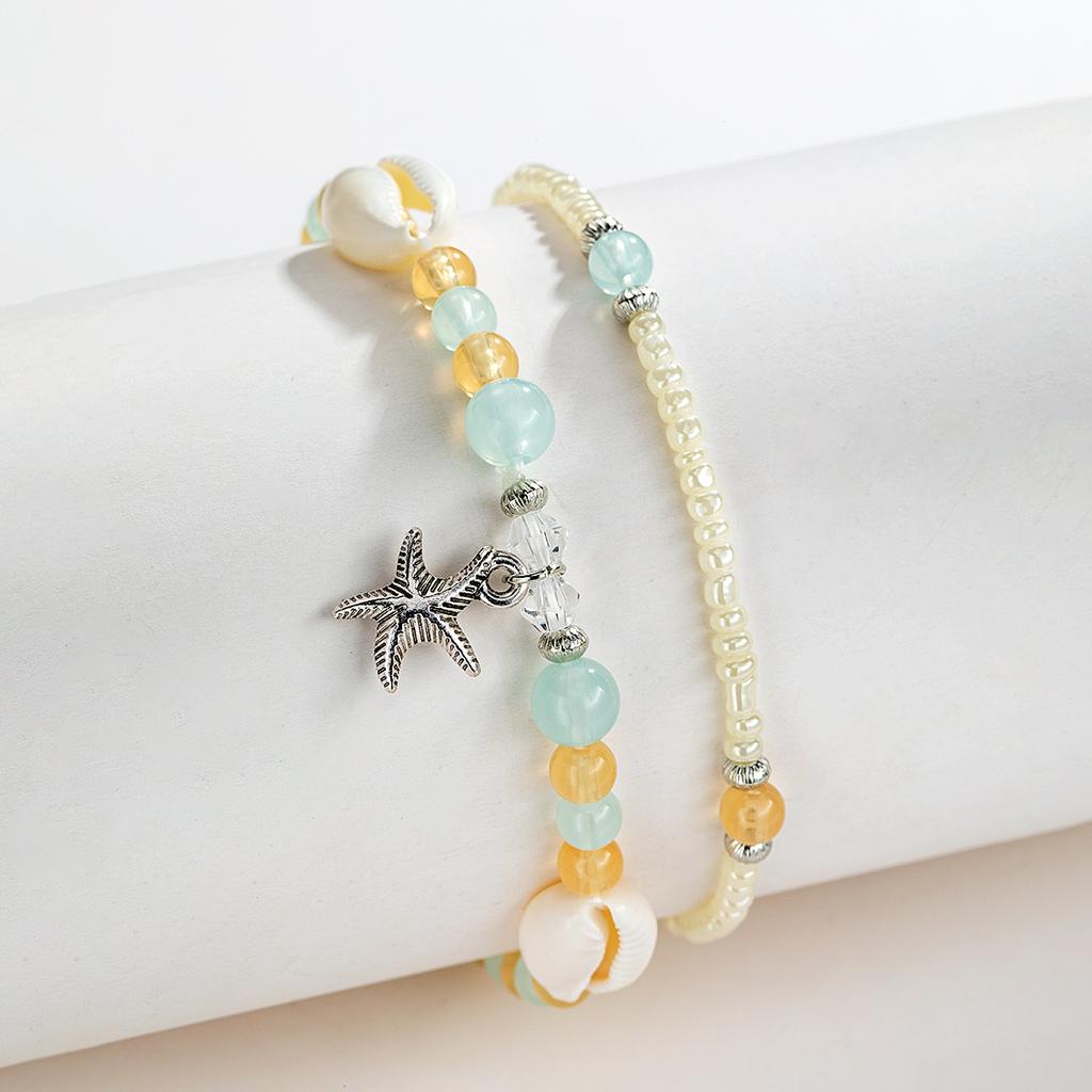 Imitation Shell Double-Layer Anklet, Boho Style Starfish Pendant Anklet, European and American Beach Vacation Accessory