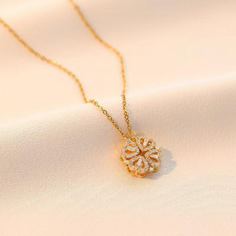 Halskette Damen Zwei-Trage-Herz-zu-Herz-Design Sinn Einteilig Mehrfach-Trage Herzförmige Vierblatt-Blumen-Halskette