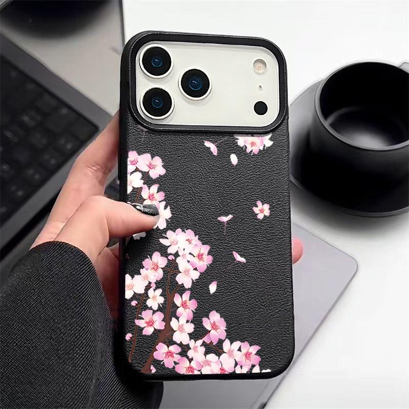 Pink Peach Blossoms Floral Pattern Case For iPhone 17 Pro Max Funda iPhone 16 Pro Max 15 14 13 12 11 Air 16E Leather Texture Silicone Cover