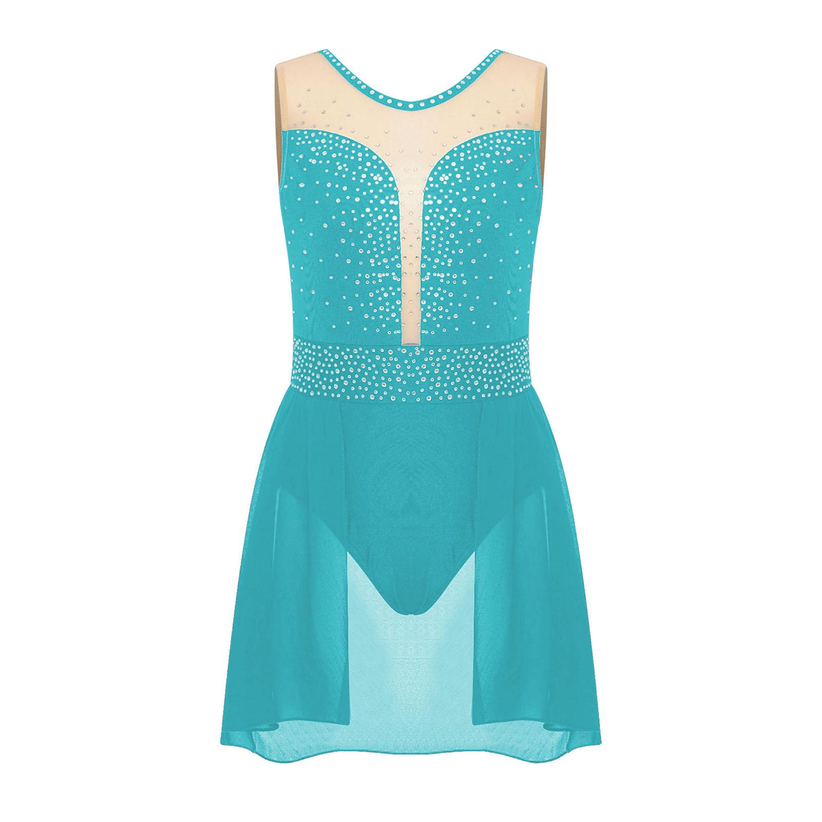 

Ліричний танцювальний купальник для дівчат із блискучими стразами та хрест-навхрест із спідницею на спині 5-6 Years бірюзовий