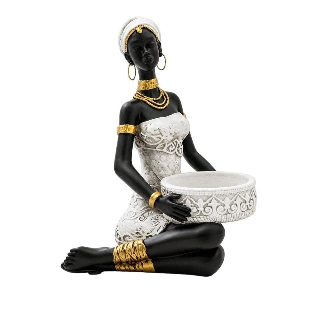 Figurine with Basket Tabletop Statue Bowl Key Decorative Sculpture