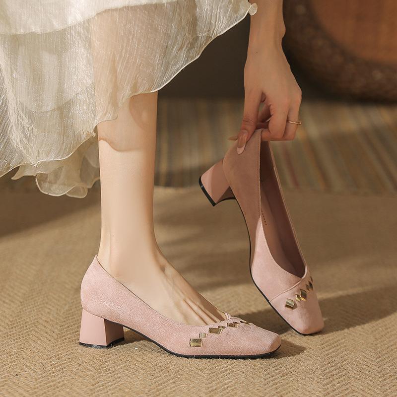 402 Spring and Summer New Light-mouth Single Shoes Women's Thick Heel Color Matching Temperament Suede Comfortable Square Head Four-season Shoes