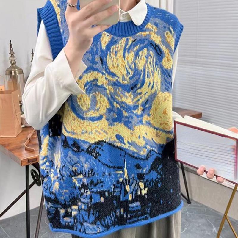 

Fashion Vintage Pullovers for Women Jacquard Sleeveless Design Aesthetics Sweater Vest Loose Autumn Winter Lazy Style Clothing XS синій