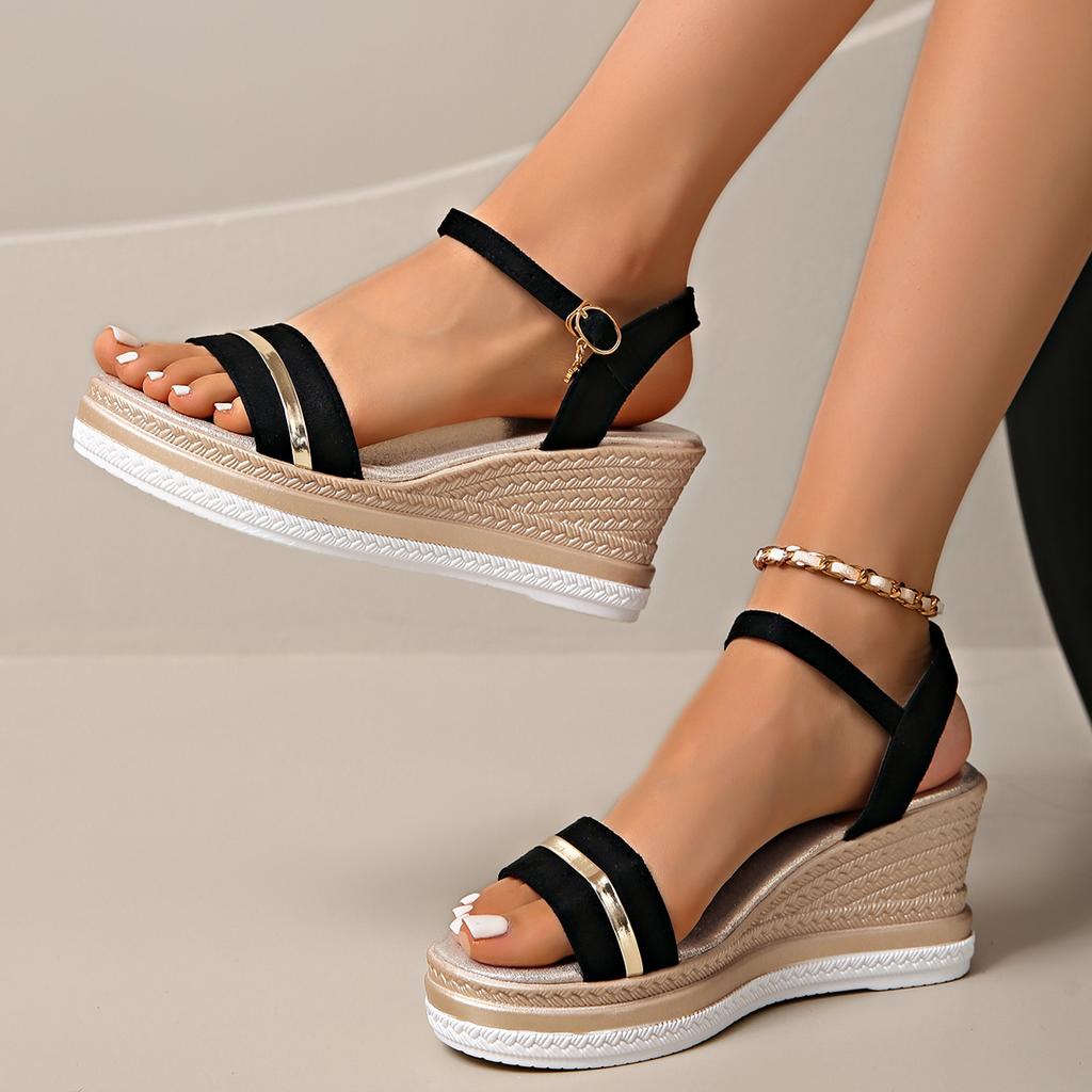 Fashion 2025 Summer Buckle Metal Bars Wedge Sandals for Women Open Toes Roman Sandalias Platform Suede Shoes Woman Slides