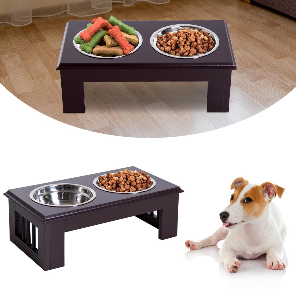 Raised Dog Feeding Bowls with Stand, Stainless Steel for Extra Small and Small Dog, 44L x 24W x 15H cm - Brown