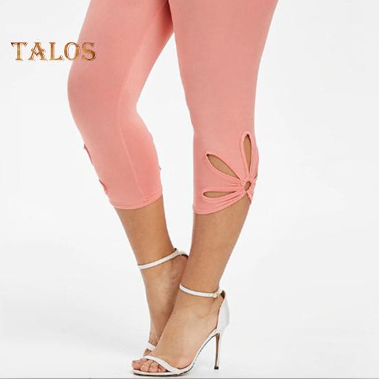 Women Leggings Mid-rise High Elasticity Cropped Pants Solid Color High Waist Yoga Pants Petal Cuffs Slim Fit Yoga Leggings