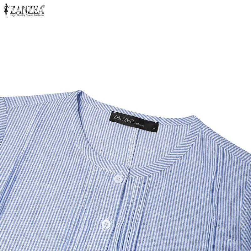 ZANZEA Women Casual Round Neck Loose Long Sleeve Stripe Dress