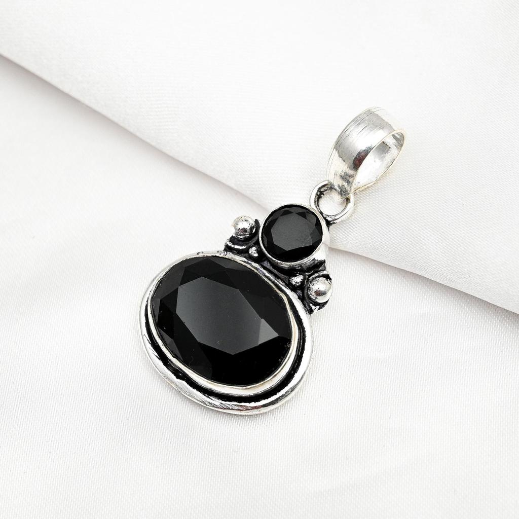 Czarny Spinel Wisiorek, 925 Solidny Srebrny Wisiorek Ręcznie Robiona Biżuteria z Kamieniami Szlachetnymi, Prezenty Dla Żony Zupełnie Nowy Wisiorek