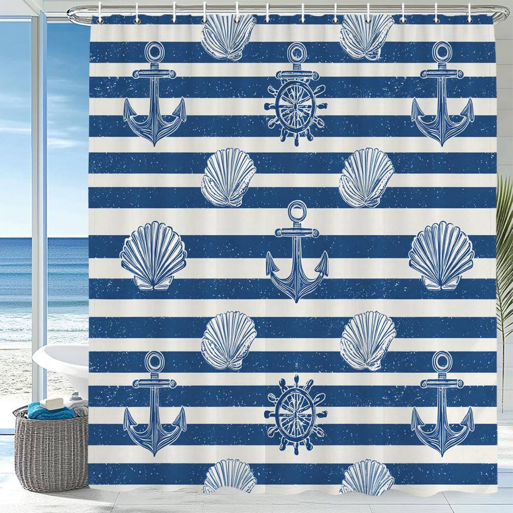 Modern Blue Stripes Sailing Style Shower Curtain, Bathroom Decorative Shower Curtain, Printed Fabric Shower Curtain With Hooks