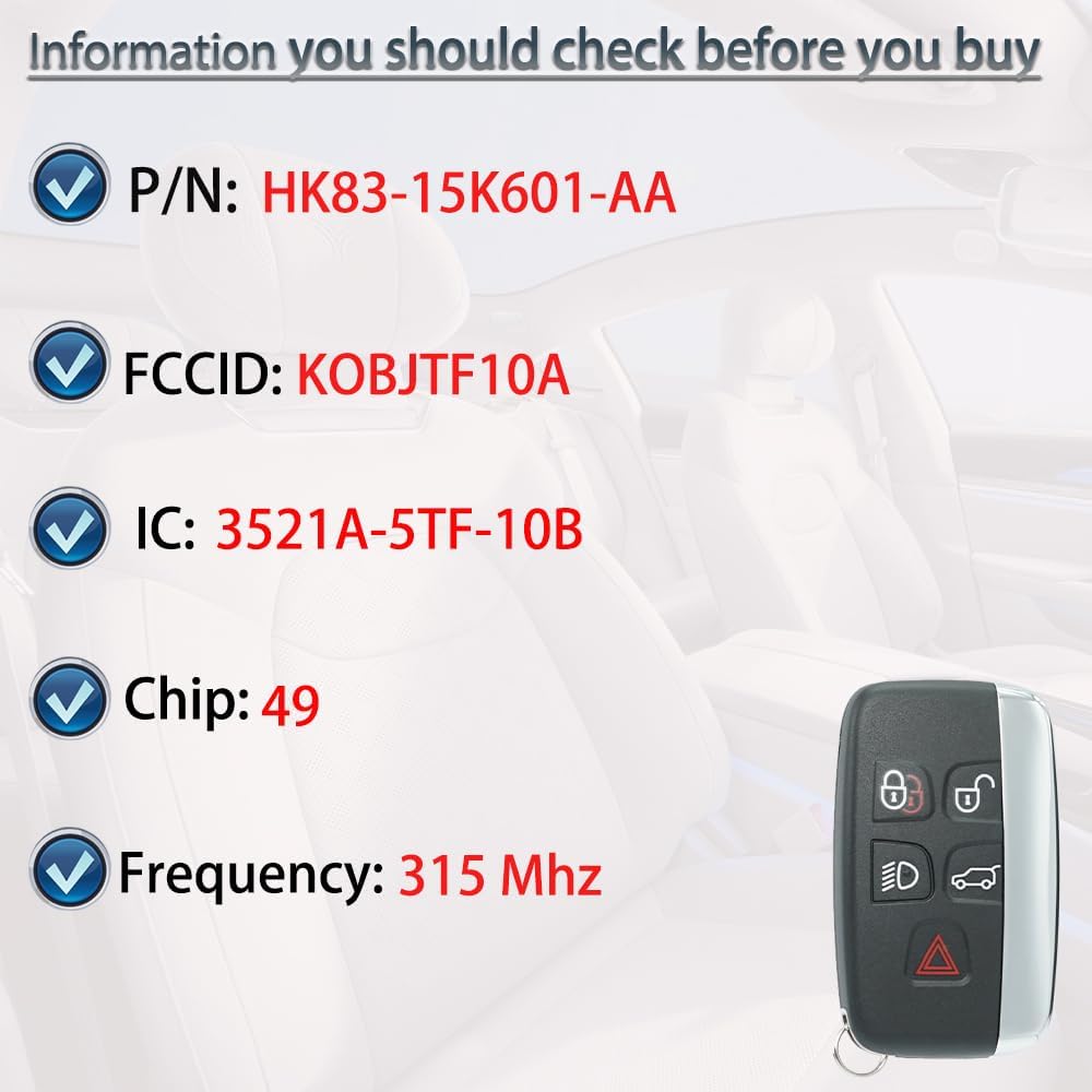 Key Fob Keyless Entry Fits for Land Rover Discovery LR2 LR4 Range Rover Evoque Sport Smart Remote Control 2011-2017 Jaguar F-Type XE XF XJ