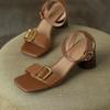 Fashion Ankle Strap Vintage Gladiator Sandals for Women Open Toe High Heels Sandalias De Mujer Belt Buckle Square Heeled Women Pumps