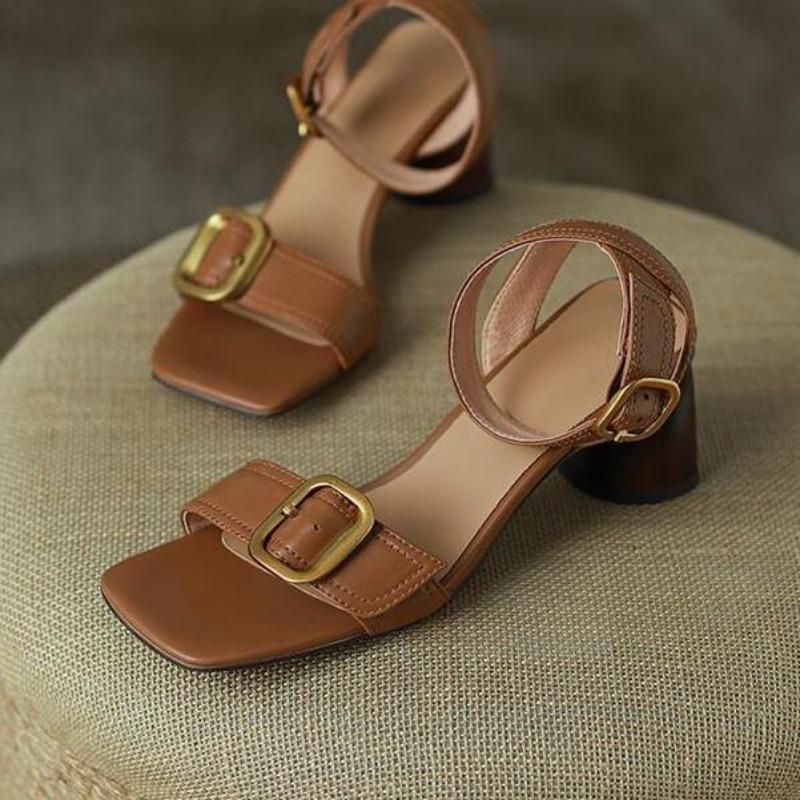 Fashion Ankle Strap Vintage Gladiator Sandals for Women Open Toe High Heels Sandalias De Mujer Belt Buckle Square Heeled Women Pumps