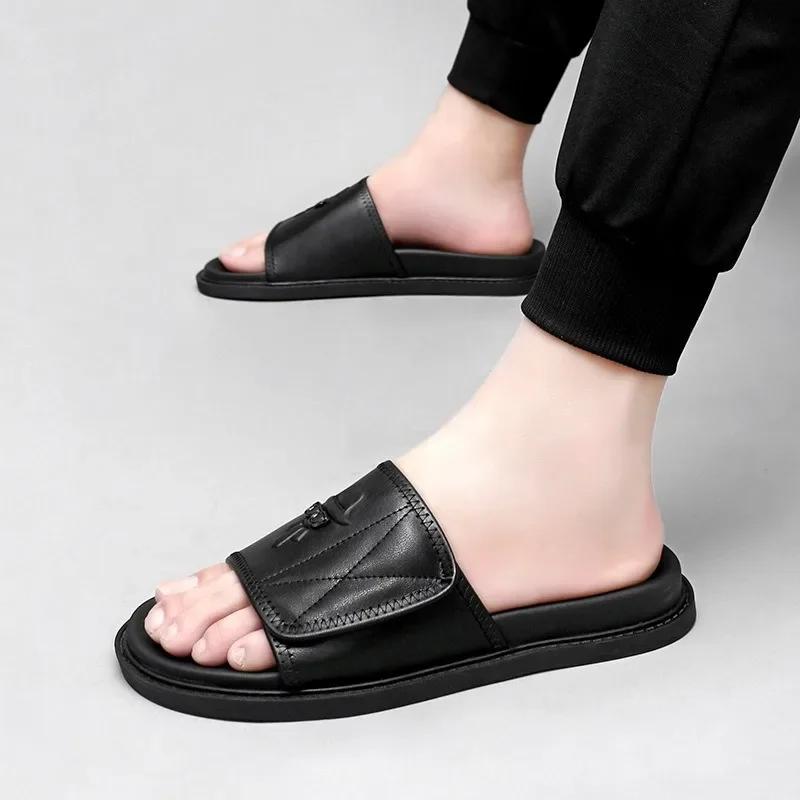 Genuine Leather Men's Slippers Original Brand Casual Slippers Fashion Outdoor Beach Sandals for Men Summer New Open Toe Slides