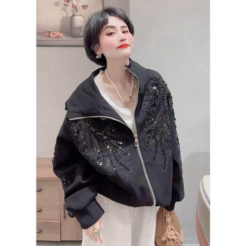 Women's Solid-Color Sequined Hooded Sweatshirt with Elegant Design Casual Top