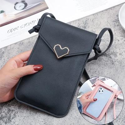 Přenosná PU kůže Transparentní dotykový displej Peněženka na mobil Vintage jednobarevná spona Spona na peníze Crossbody taška pro iPhone Samsung Huawei