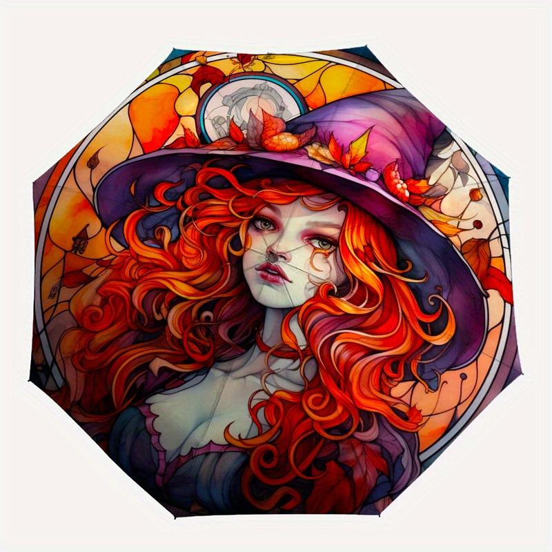 Stained Witch Wall Art: Magical Autumn DecorUmbrella, Portable 3-Fold Compact Umbrella,Christmas Gift ES454