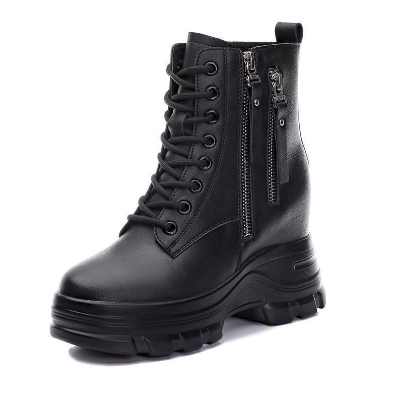 2025 Autumn Women's Genuine Leather Hidden Heel Martin Ankle Boots - Versatile Style with Thick Sole for Petite Sizes.