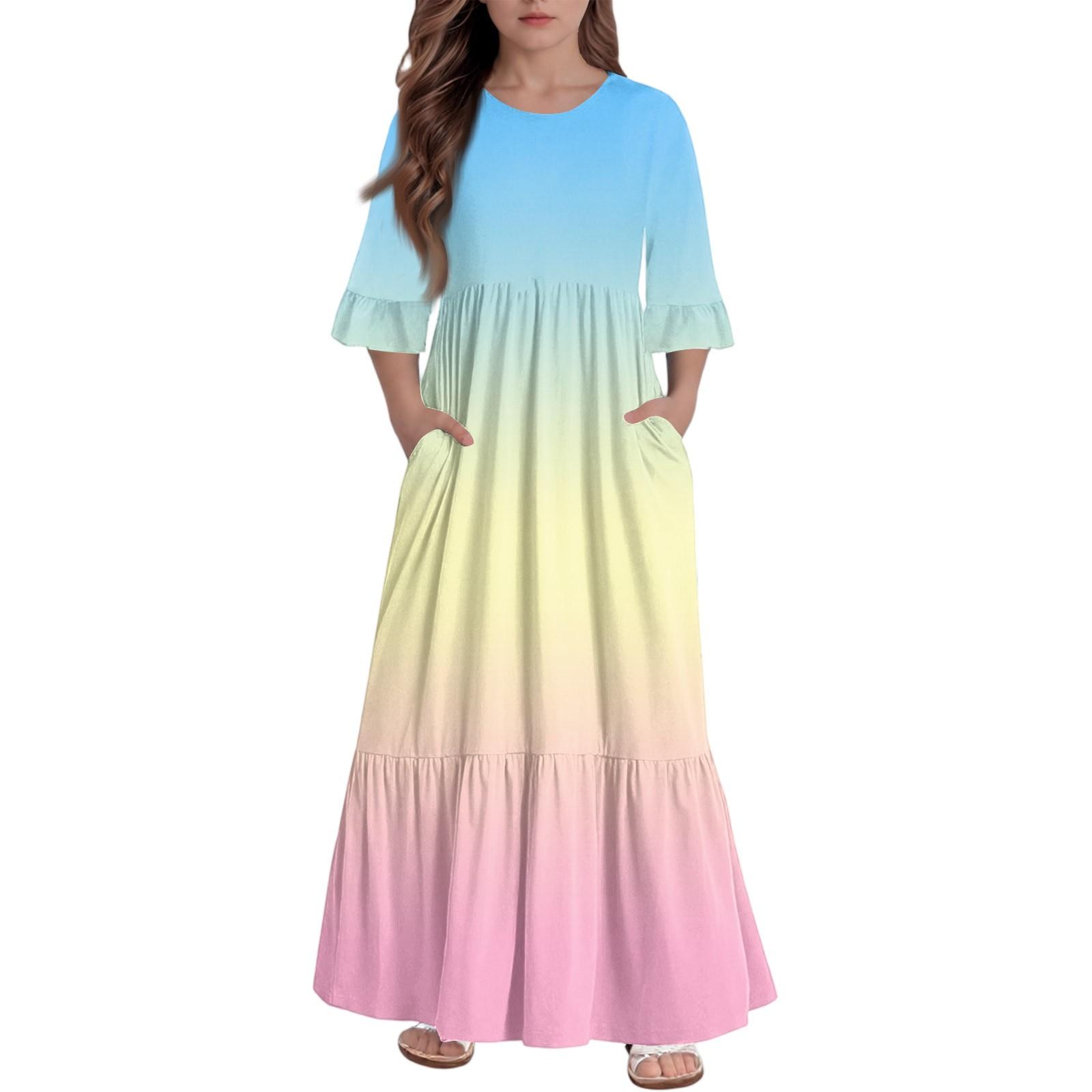 

Girls Tiered Ruffle Dress - 3/4 Sleeve Pocket Maxi With Pockets 110 бежевий