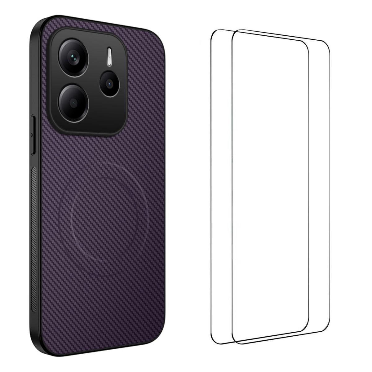 

Для Xiaomi Redmi Note 14 5G Магнитный чехол Серия WANLONFENG TQ1 Текстура углеродного волокна PC TPU Чехол для телефона с 2 защитными пленками Purple