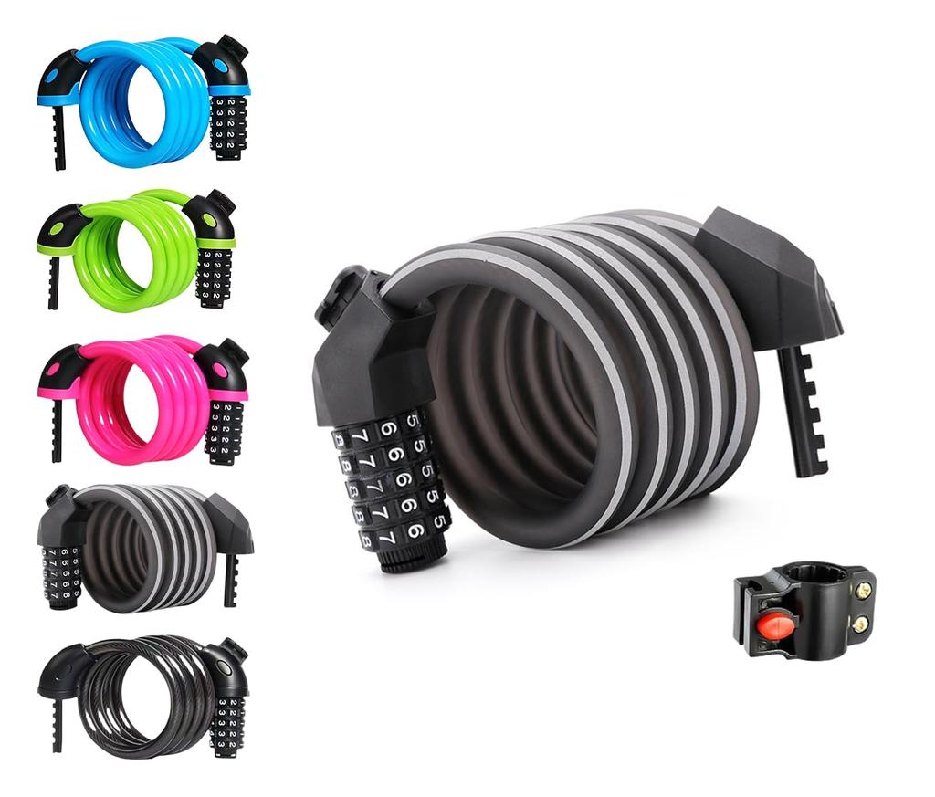 Bike Cable Lock 5 Digit Resettable Waterproof Coiled Security Lock 1.2M Black