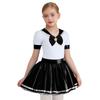 Costum de marinar pentru fete Bloc de culori Patchwork Luciu metalic Gât rotund Mânecă scurtă Cravată detașabilă Rochie bufantă