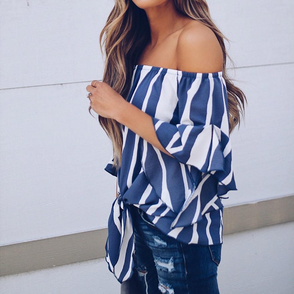Women Striped Off Shoulder Waist Tie Blouse Short Sleeve Casual T Shirts Tops