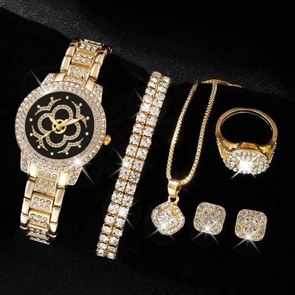 Ladies Fashion Exquisite Diamond Point Dial Full Diamond Steel Band Quartz Watch + Roman Bracelet Combination Set.